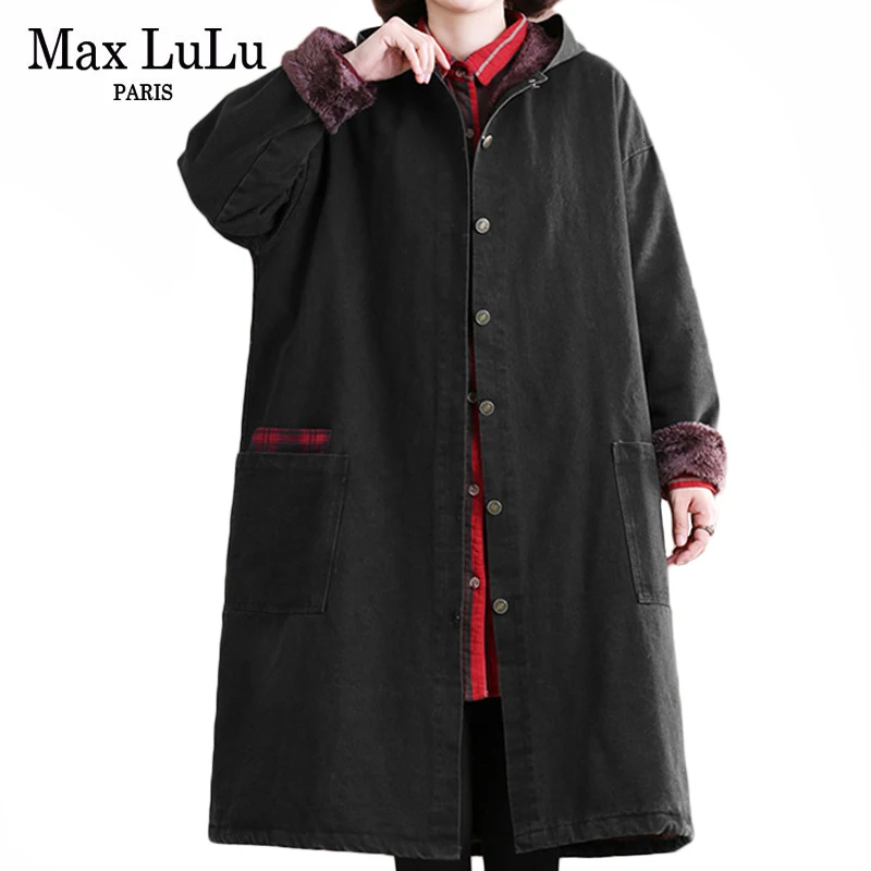

Max LuLu 2019 Fashion Korean Ladies Punk Clothes Womens Winter Hooded Denim Windbreakers Vintage Fur Warm Trench Coats Plus Size