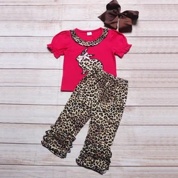 Verão meninas roupas ameixa vermelho manga curta topo e leopardo impressão calças de páscoa leopardo coelho bordado criança menina outfits
