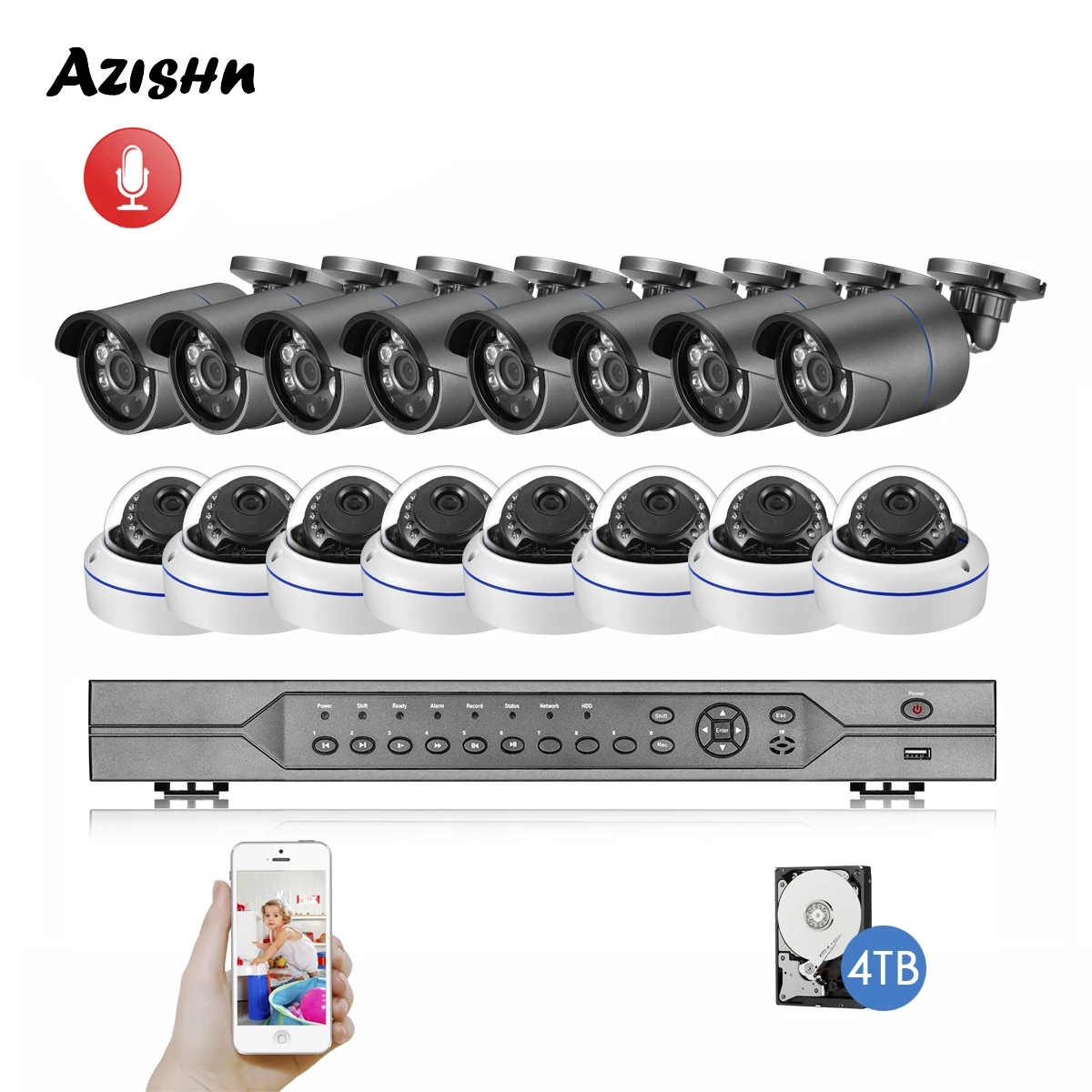 Камера видеонаблюдения AZISHN H.265 16 каналов 5 Мп POE NVR МП P2P ТБ | Безопасность и защита