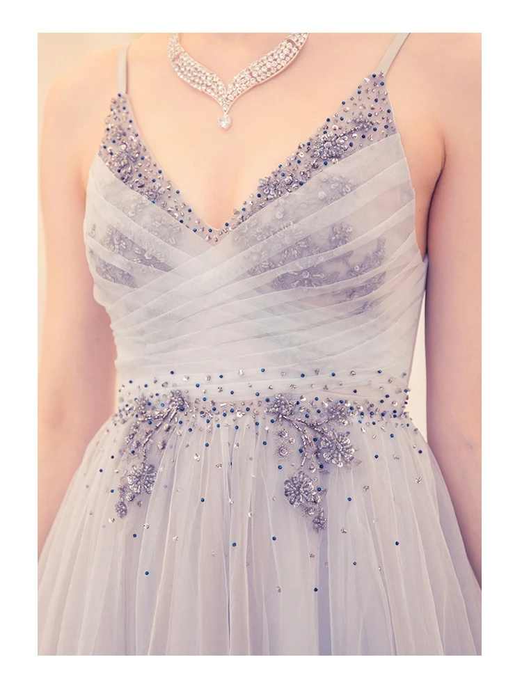 Diamond V-collar light blue Bride Wedding Toast dinner party gown