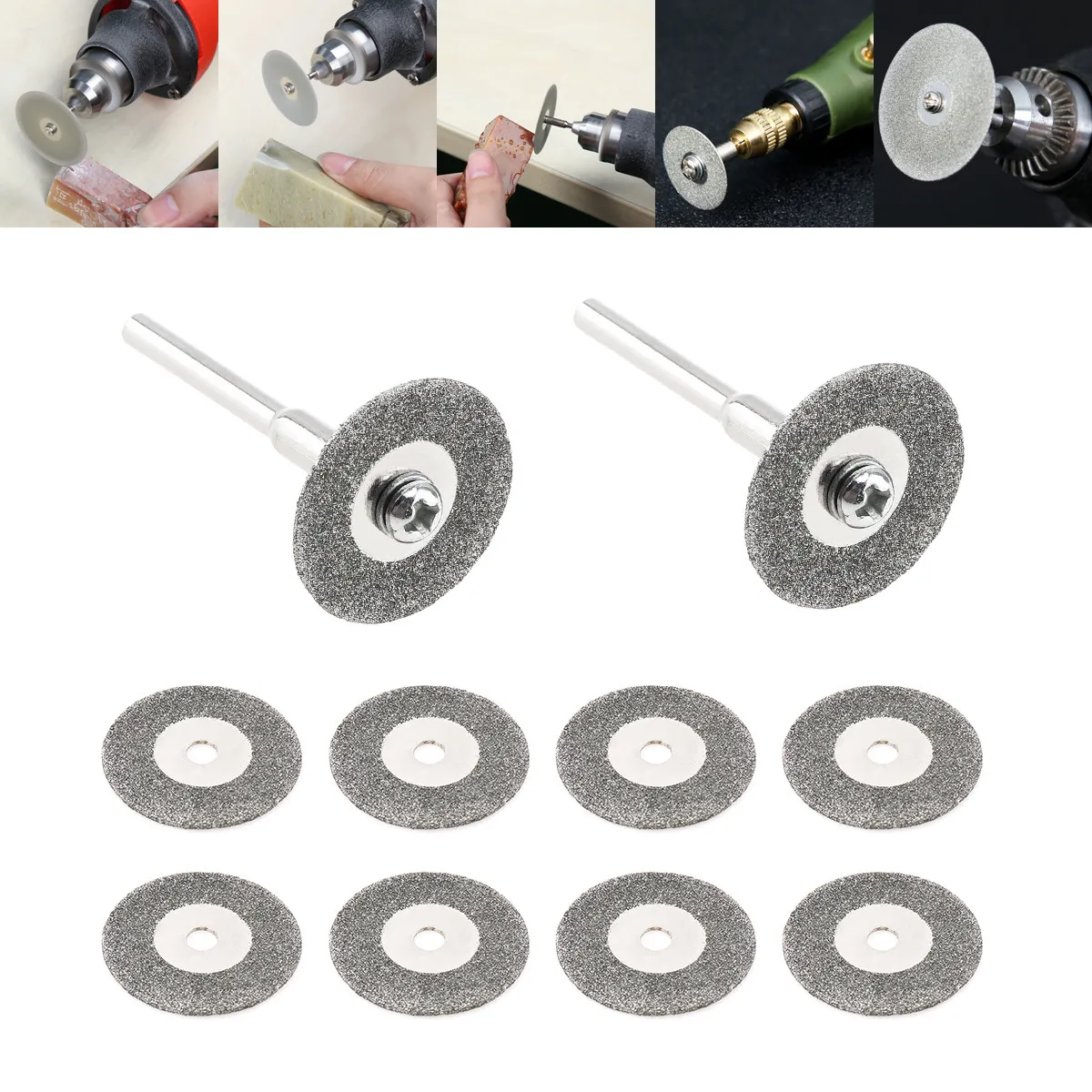 

10pcs 20mm Diamond Cutting Discs Circular Saw Blade Disk Set with 2pcs 3mm Diameter Fixed Rod for Glass Metal Wood Cutting