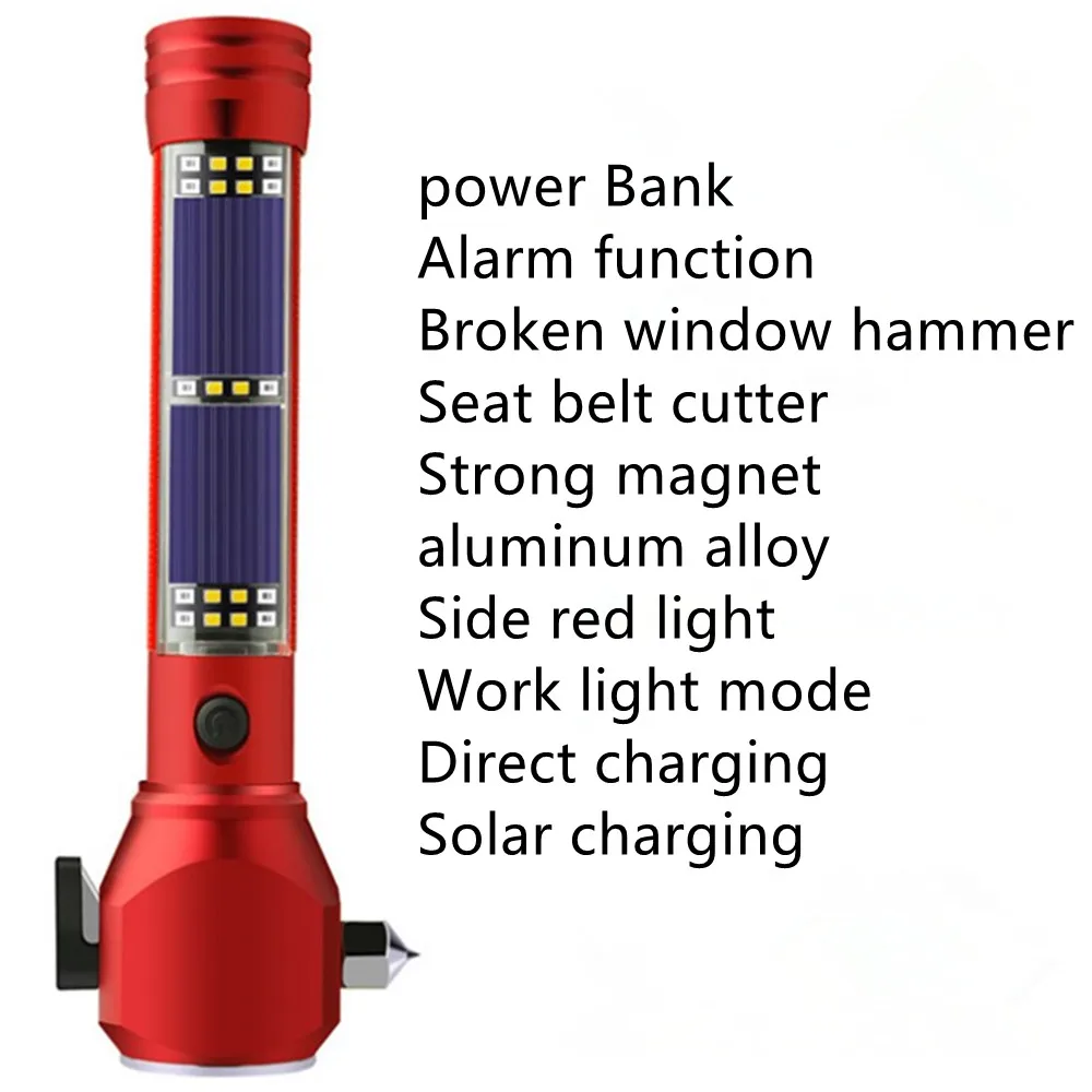 Car fire safety hammer magnet adsorption alarm glare flashlight solar energy LED lighting seat belt cutter mobile phone charging