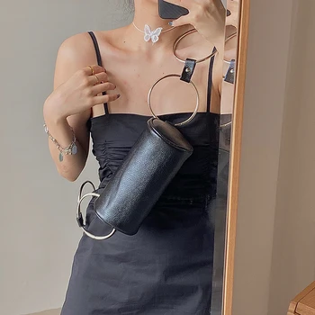 

PU Leather Cool Girls Black Wrist Messenger Bags Personality Women's Bucket Bag Fashion Design Ladies Metal Ring Shoulder Bag
