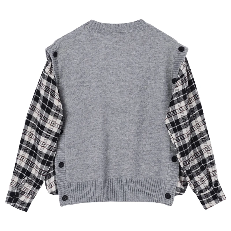 [EAM] Gray Plaid Big Size Knitting Sweater Loose