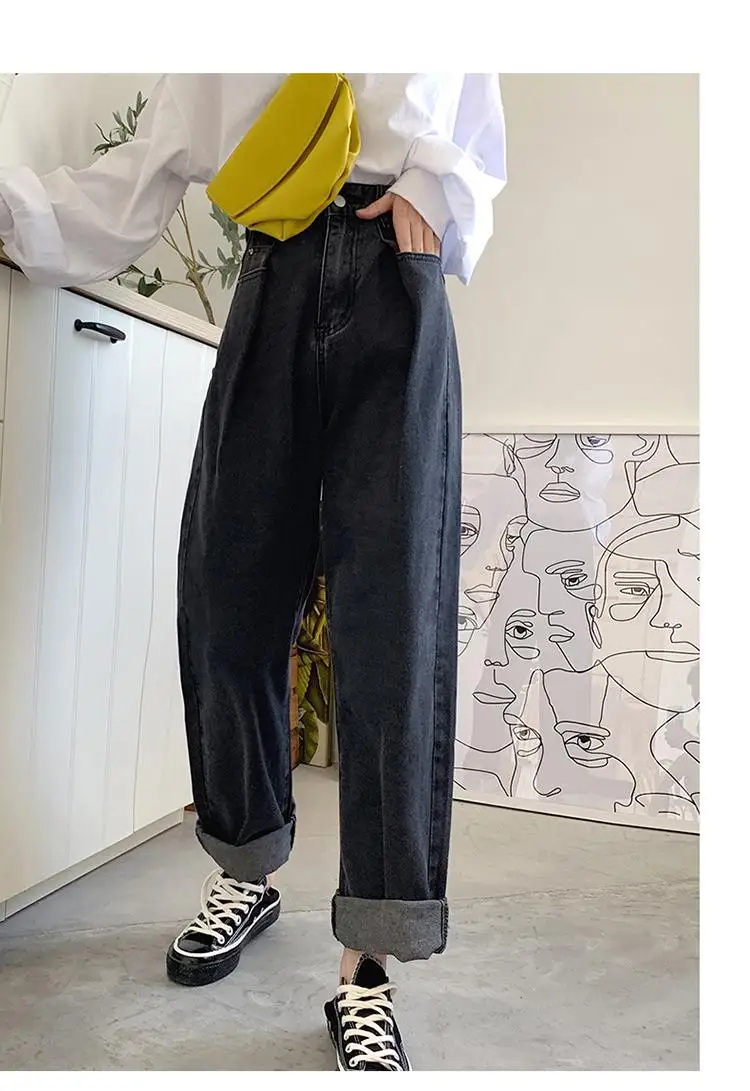 High Waist Straight Wide Leg Jeans Women Vintage Retro Loose Jeans Maxi Denim Pants Plus Size Boyfriend Mom Jeans Maxi - Цвет: Черный