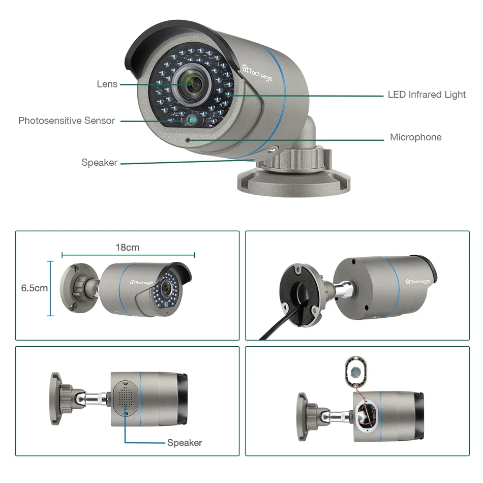  Techage H.265 2.0MP Security CCTV POE IP Camera Two-way Audio IR Outdoor Waterproof 1080P P2P Onvif - 32322335588