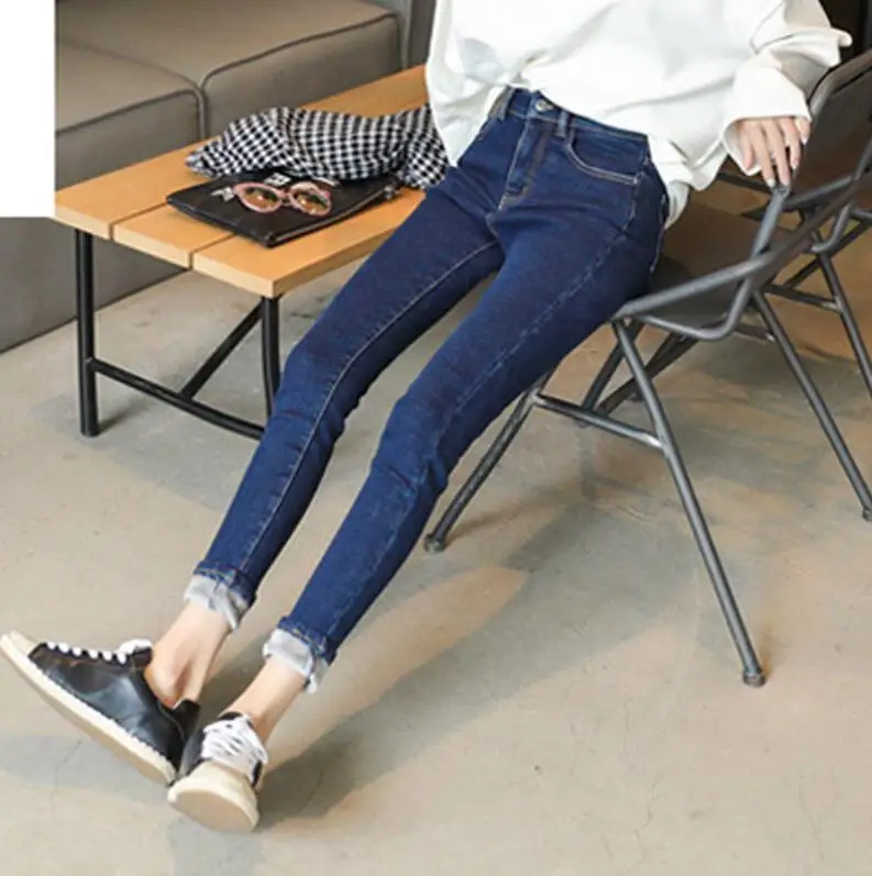 deep blue-thin Plus Velvet High Waist Jeans Women Warm Thicken Autumn Winter Jeans Femme Casual Vintage Jeans Stretch Women Pencil Pants - Цвет: deep blue-thin