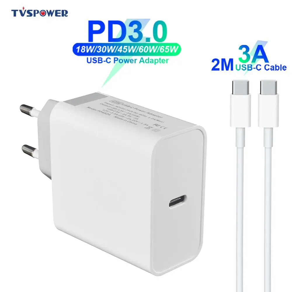 USB C Power Adapter PD/QC3.0 65W/60W/45W/30W/18W 15V TYPE-C Wall Charger For Laptops/MacBook/iPad/iPhone/Samsung(C-C cable 2M