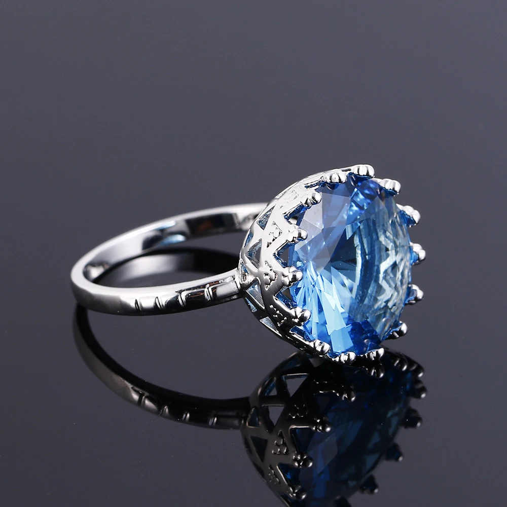 Новая мода 15 мм серебряные кольца для женщин с голубыми аквамариновыми камнями 925 серебряные ювелирные изделия кольца вечерние подарок на Рождество Размер 6 7 8 9 10