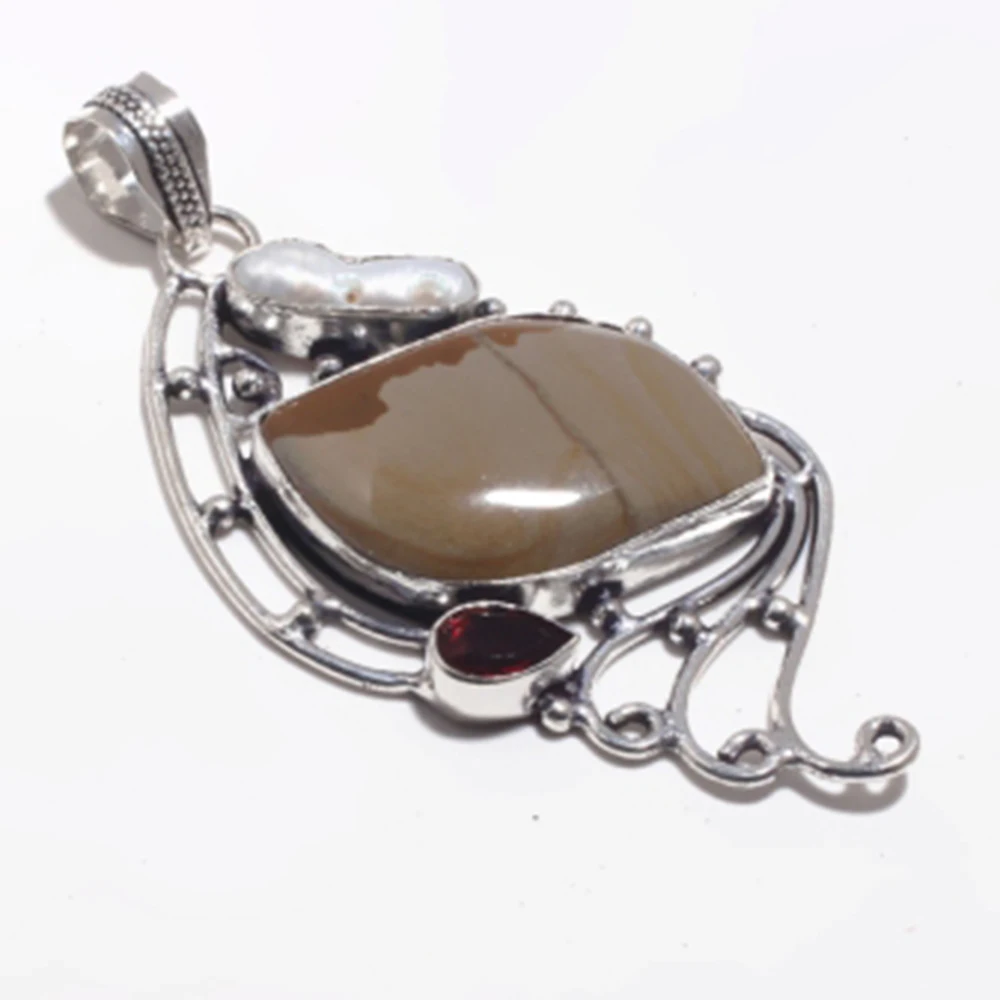Подлинная подвеска Mookaite Jasper + Biwa Pearl гранат серебряное покрытие из меди ручная