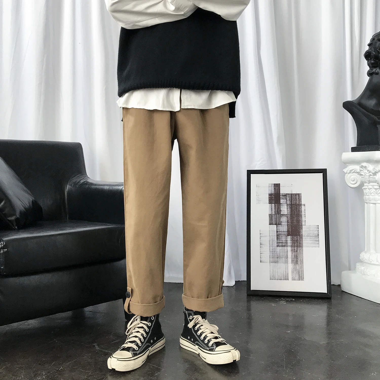 khaki Мужские хлопковые повседневные штаны для отдыха, свободные брюки-карго, эластичные штаны-шаровары для активного отдыха в стиле хип-хоп, черные/цвета хаки, спортивные штаны - Цвет: khaki