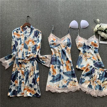 

Pajama women's four piece set summer silk sexy suspender nightdress women's Nightgown set long sleeve printed home clothes