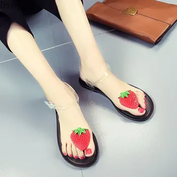 

Strawberry sandals new sandwich toe transparent flat princess wind crystal shoes female