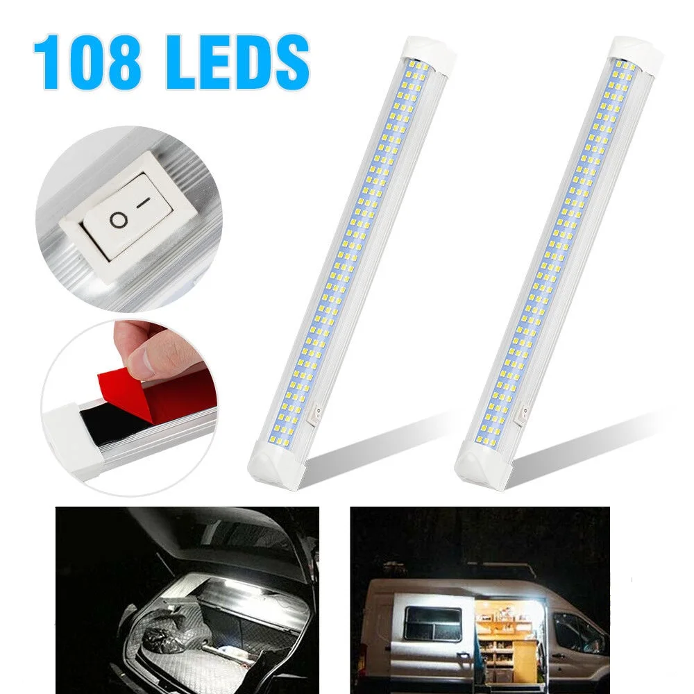 

OKEEN 2pcs 108 LED Interior Light Bar White 12V LED Strip Light for Car Truck Van Caravan Motorhome RV Light with ON/OFF Switch