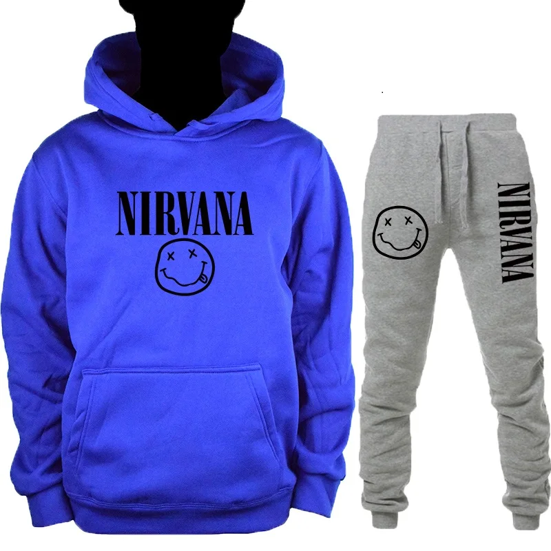 Новинка, осенняя и зимняя теплая толстовка Nirvana, Мужская/Женская модная Толстовка в стиле хип-хоп+ брюки, костюм из 2 предметов - Цвет: BlueH-HuiK