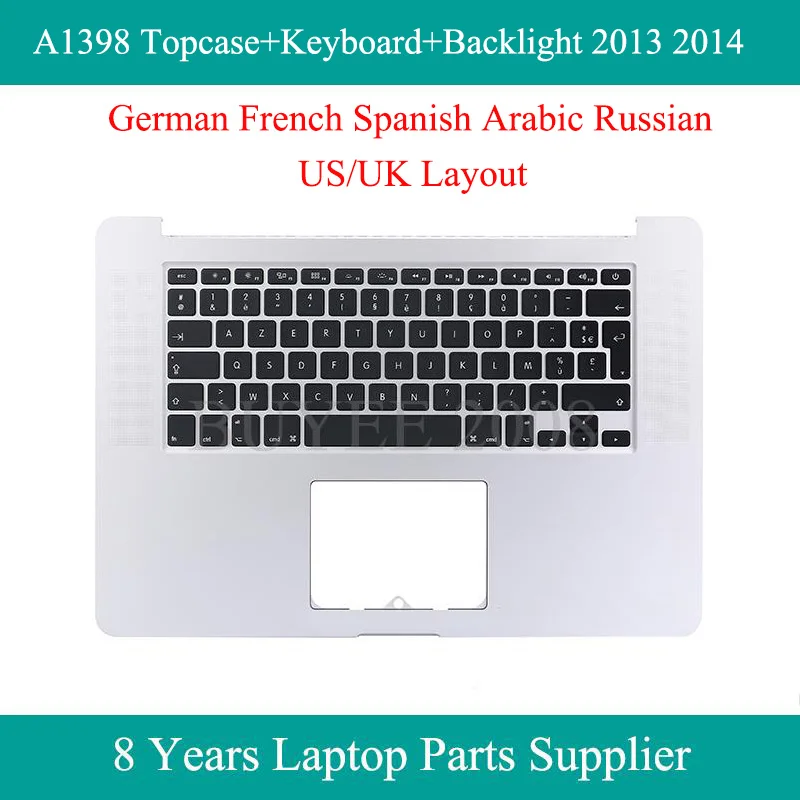 

Для Macbook Pro A1398 Topcase Palmrest клавиатура с немецким, французским, испанским, арабским, русским, американским и британским языками 2013 2014 подсветка верхняя крышка корпуса