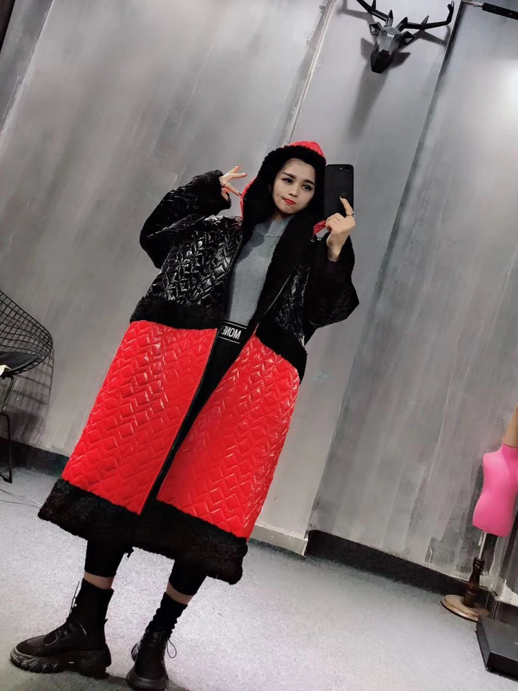 Black Spell Red QING MO, зимние женские парки с капюшоном,, женские Цветные парки в стиле пэчворк, женские зимние толстые теплые пальто с хлопковой подкладкой ZQY2458 - Цвет: Black Spell Red
