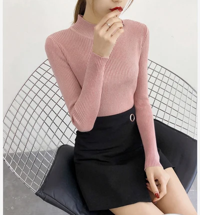 Осень-зима, Женский пуловер, свитер, вязаный, эластичный, повседневный джемпер, модный, тонкий, водолазка, теплый, женский свитер, 9011 - Цвет: pink