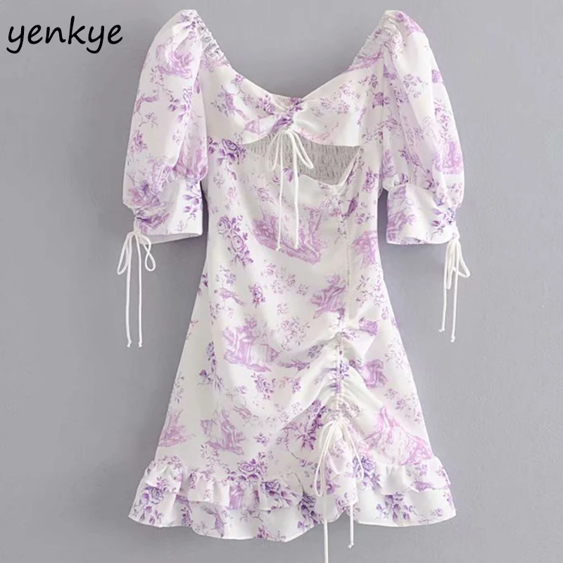 

Women Purple Floral Print Sexy Backless Dress Elegant Lady Draped Drawstring Bodycon Mini Dress Ruffle Summer vestidos 2019