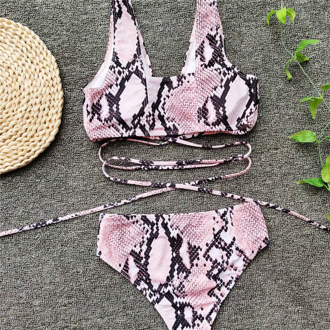 Pink Snake Skin High Waist Bikini Female Swimsuit Women Swimwear Two-piece Bikini set Wrap Around Bather Bathing Suit Swim V2417