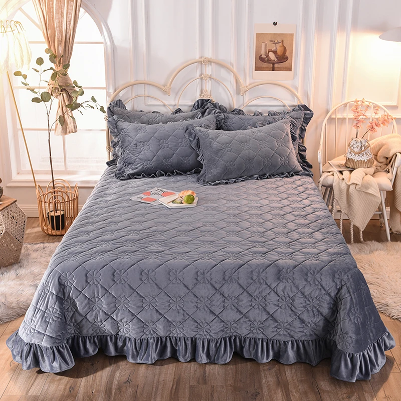 

Queen King Size 1/3Piece Double layer Bedspread Pillowcase Bed Set Solid Color Quilted Blanket Sheet Bed Cover Coverlet #a