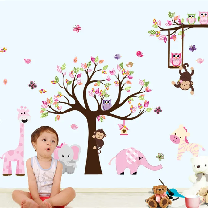 Latest XXL Cartoon Animals Zoo Owl Butterfly Monkey Wall Stickers for Kids Room Home Decor Colorful Tree Decal Stick on | Дом и сад