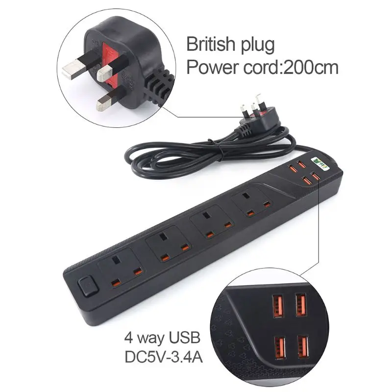 Многофункциональная зарядная станция с 4 выходами переменного тока, 4 usb-порта для зарядки, штепсельная вилка Великобритании для смартфонов, планшетов, офисных отелей