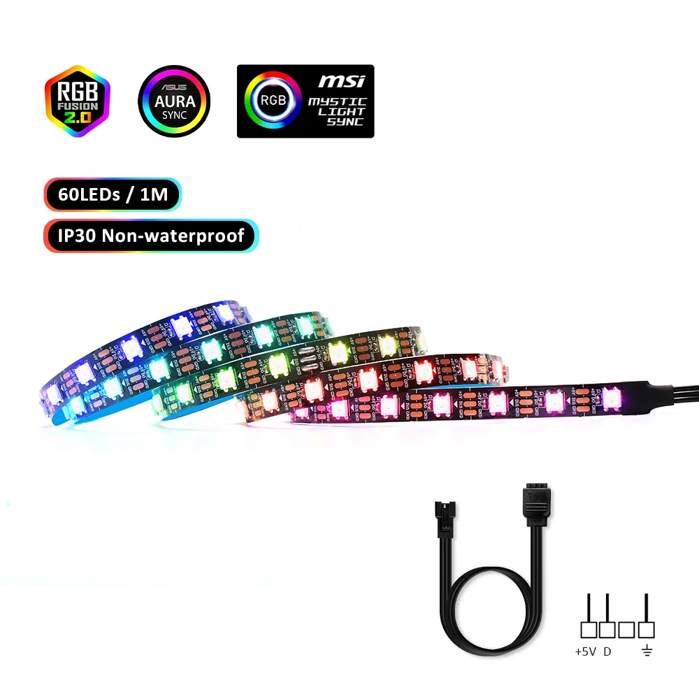 Материнская плата RGB адресуемых WS2812b Светодиодные ленты для ПК чехол для ASUS Aura SYNC, MSI Mystic светильник синхронизации, RGB Fusion 2,0, 3 Pin Header - Испускаемый цвет: 60 LEDs IP30