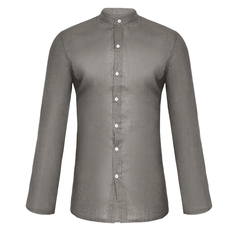 Gray Мужские модные повседневные рубашки Social Slim Fit льняные Простые Топы на пуговицах Гавайская Мужская Уличная одежда с длинным рукавом круглый воротник одежда - Цвет: Gray