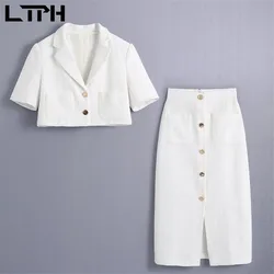 LTPH Conjunto elegante de 2 piezas para mujer, blazer blanco con botones de metal, elegante, cintura alta, falda con dos bolsillos, novedad de otoño 2021