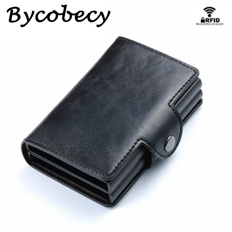 Bycobecy, мужской и женский кредитный держатель для карт, металлическая RFID двойная алюминиевая коробка, на застежке, держатель для карт, Crazy Horse, кожа, ID держатель