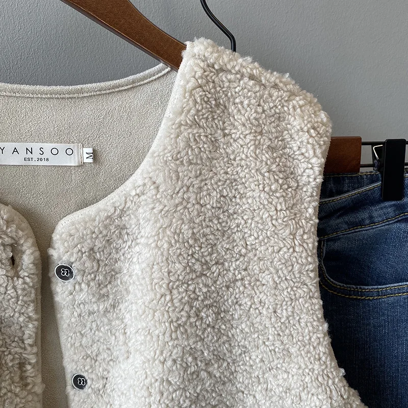 Lugentolo Women Vest Winter New Wool Sleeveless Loose Korean Plush Simple Single-breasted Pocket Solid Casual Lady Vests