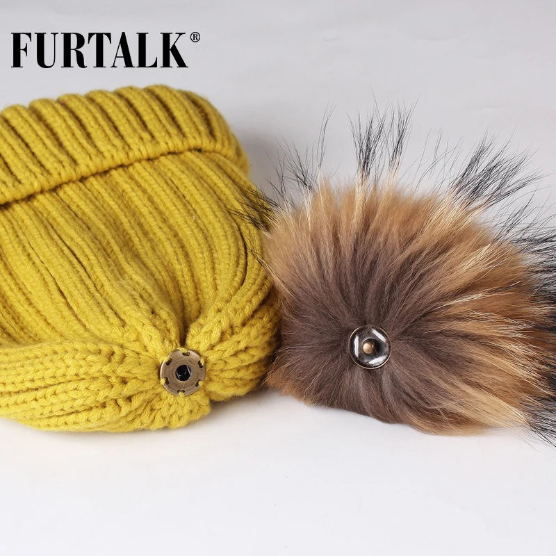 Furtalk Реального Меховая Шапка Вязаная Реальный Большой Енота Pom Pom Hat женщины Зимняя Шапка Унисекс ДетиТеплый Коренастый Толстая Эластичный вязать