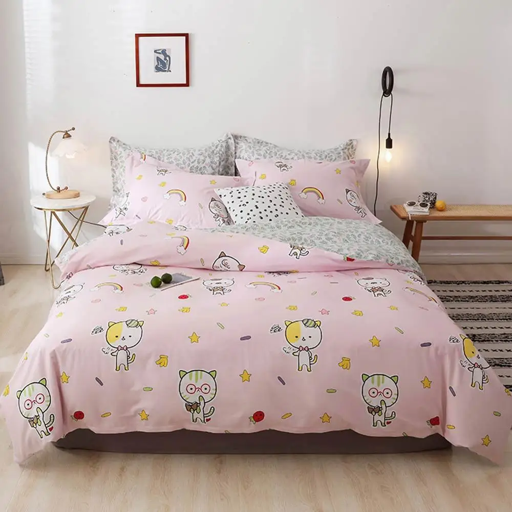 

2019 Pink Lovely Cartoon Cats Duvet Cover Set Flat Fitted Sheet Cotton Bedlinens Hypoallergenic Twin Queen King Bedlinens
