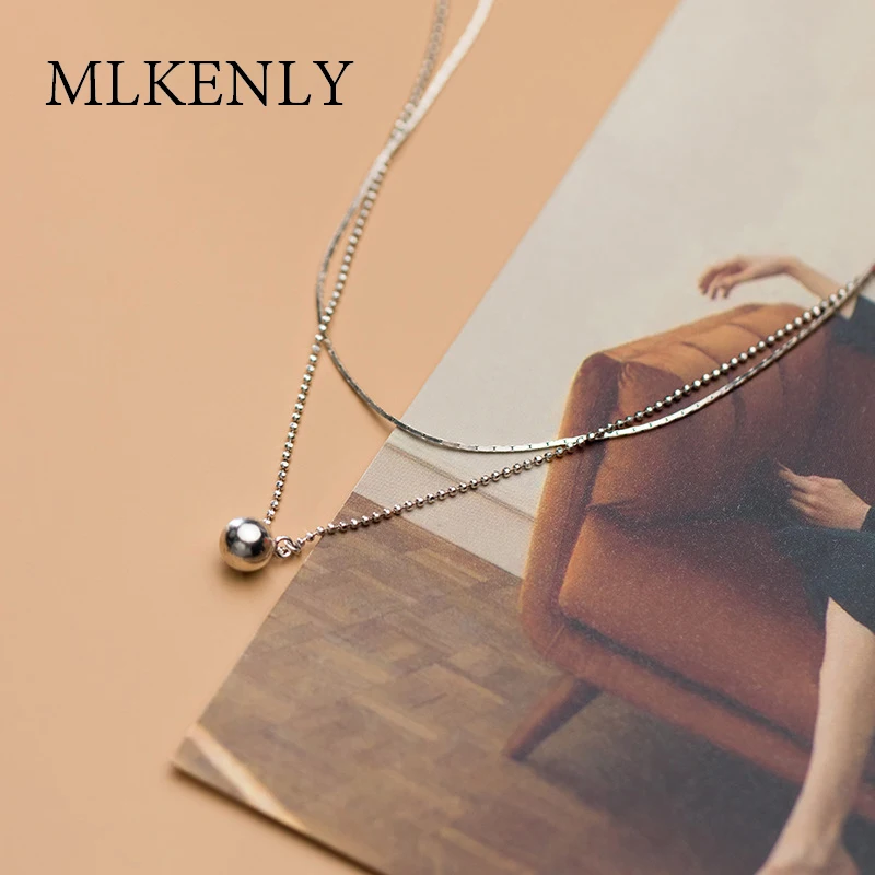 

MLKENLY Genuine 925 sterling silver Korean fashion simple beads temperament double clavicle chain sweater accessories for women