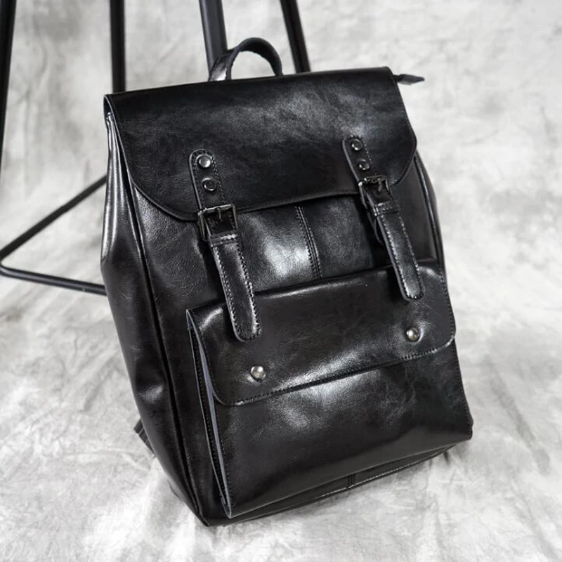 

Men Backpack England Style Leather Backpack Shoulder Bag Smooth Travel Bag Woman Casual 14" Leather Laptop Book Bag