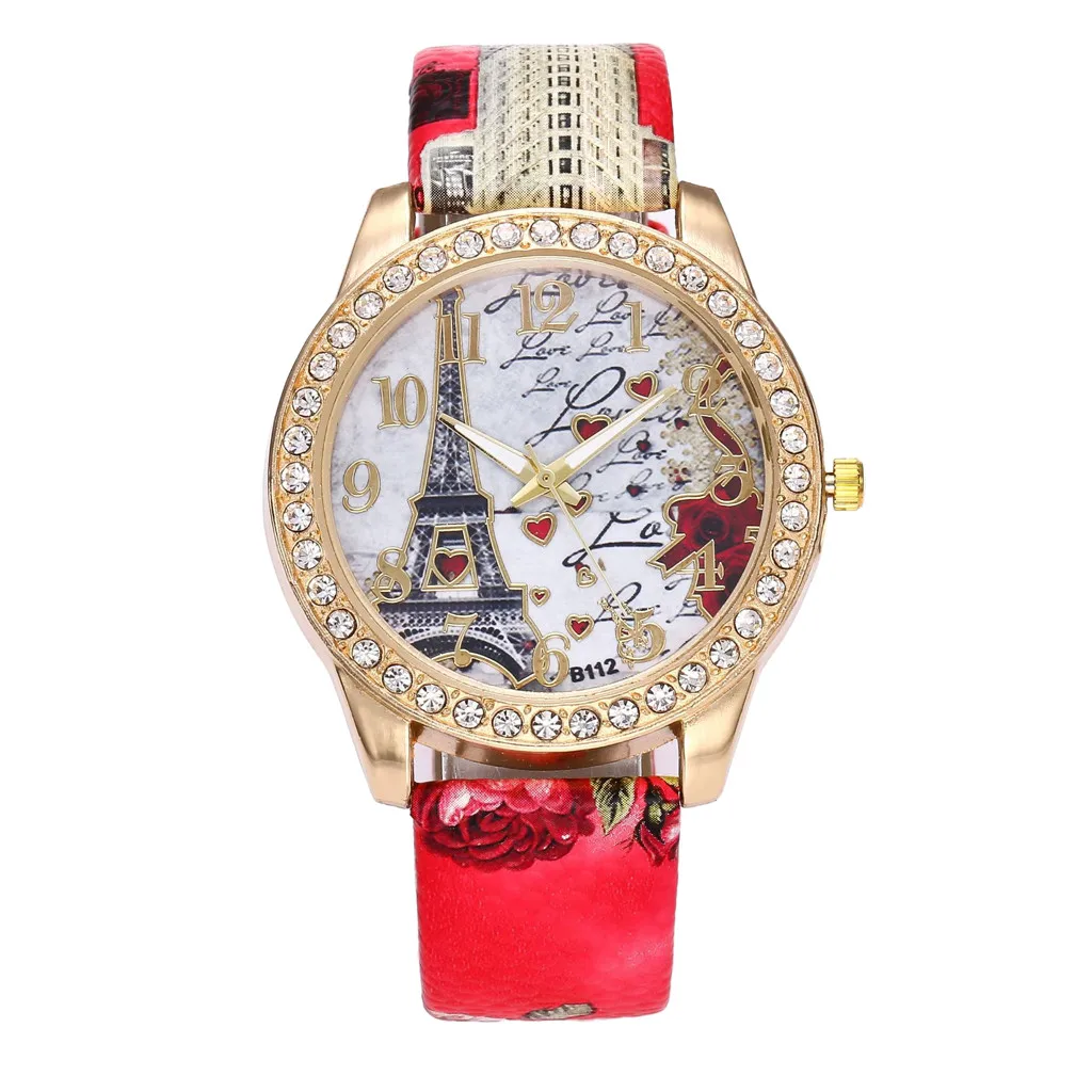 Винтажные женские модные часы с Эйфелевой башней и кристаллами, кожаный чехол из нержавеющей стали, кварцевые наручные часы Relogio Feminino Zegarek