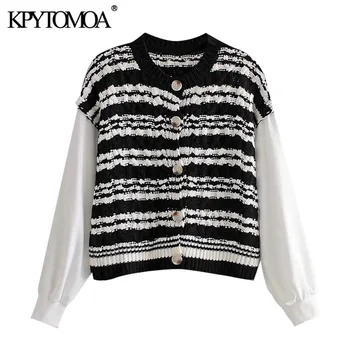

KPYTOMOA Women 2020 Fashion Patchwork Loose Knitted Cardigan Sweater Vintage Long Sleeve Button-up Female Outerwear Chic Tops