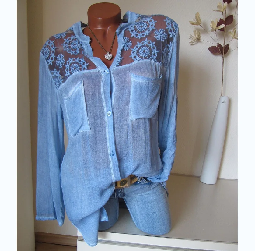 Женские топы и блузки больших размеров 5XL кружевные лоскутные Женские повседневные сексуальные белые черные рубашки с длинными рукавами Топы женские блузки летние - Цвет: Синий