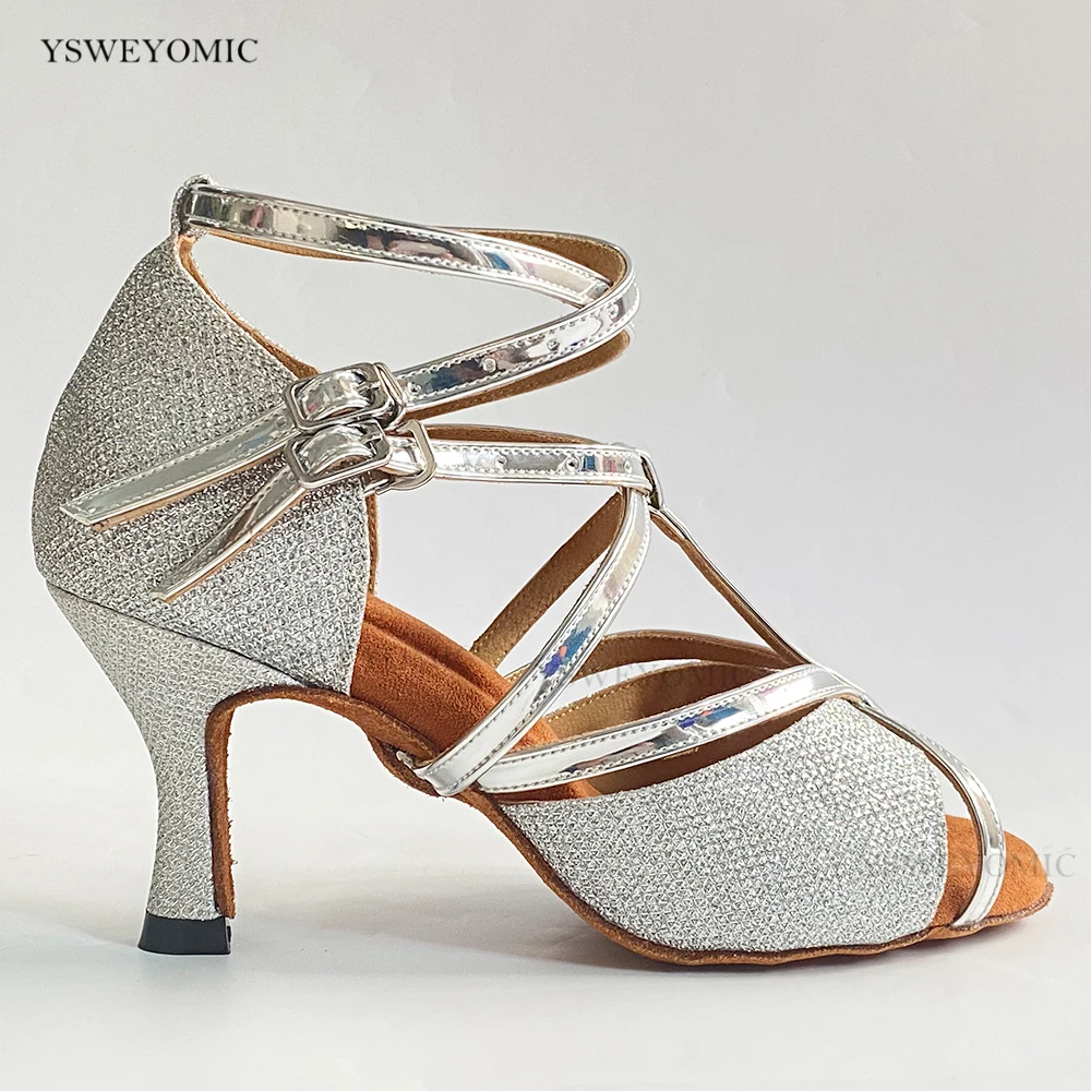 Dance Shoes 2022 Spring Style  Silver Shiny Glitter Salsa Dance Shoes Women Indoor Outdoor Soft insole Latin Dance Party Shoes