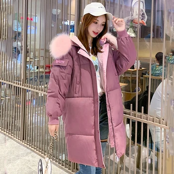

with fur collar hooded long jacket women 2020 winter outwear letter printed solid casual female coats thick warm fashion parka