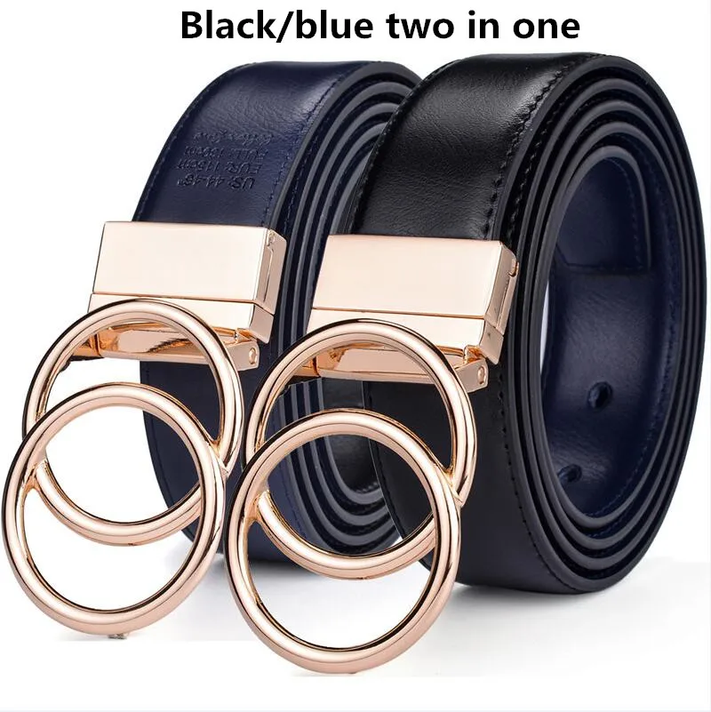 oo-BK blue Beltox мужской кожаный ремень 1," Реверсивный 2 в 1 вращается 2 кольца Золотая Пряжка ремни для женщин и мужчин - Цвет: oo-BK blue