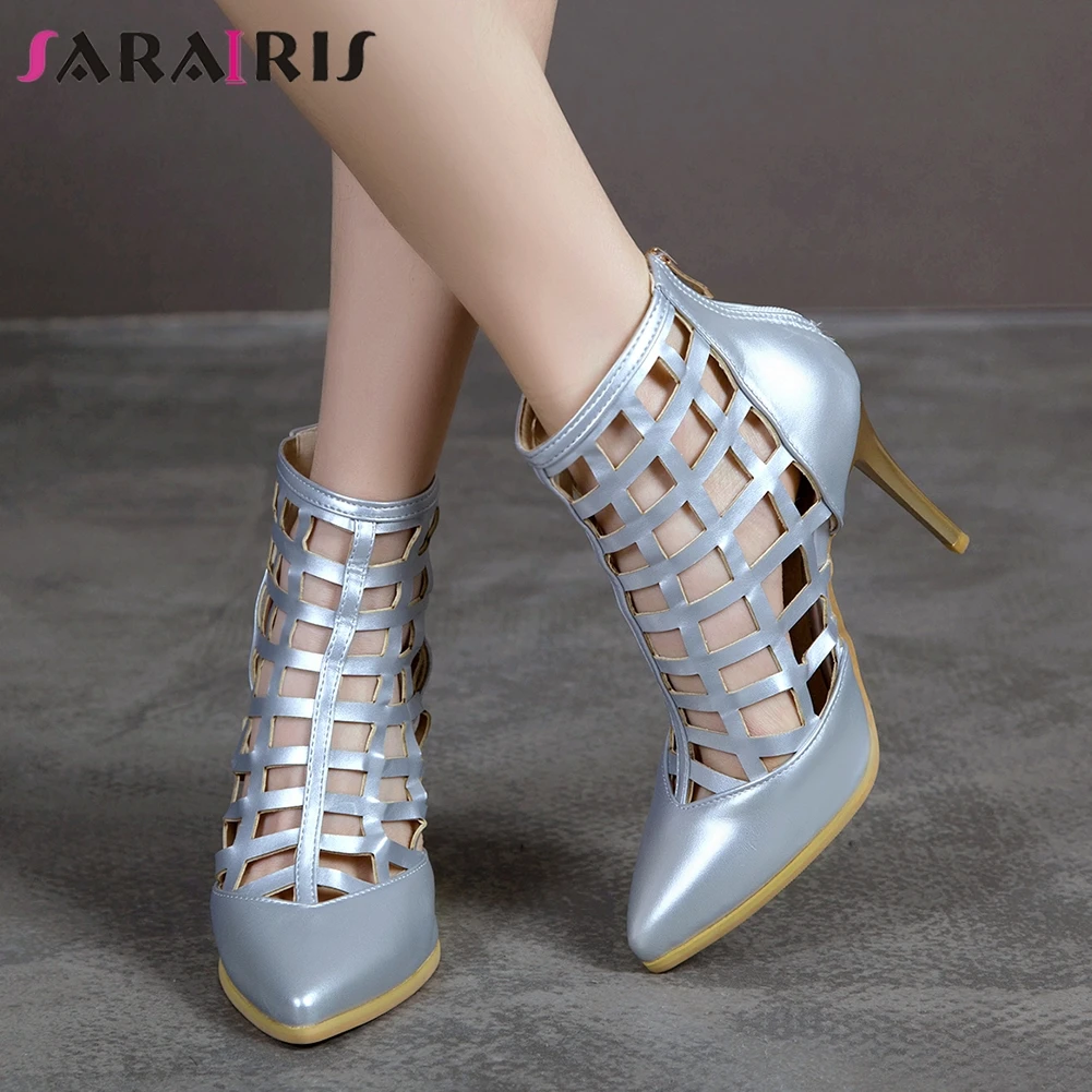 

SARAIRIS New Ladies 2020 High Thin Heels Sandals Fashion Fretwork Street Sandals Women Cool Pointed Toe Gladiator Shoes Woman