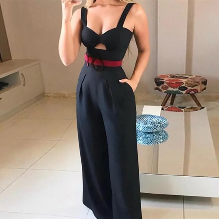 Summer Sexy Jumpsuits Women Rompers Loose Elegant Belt Black Sleeveless Casual Wide Leg Pant Jumpsuit
