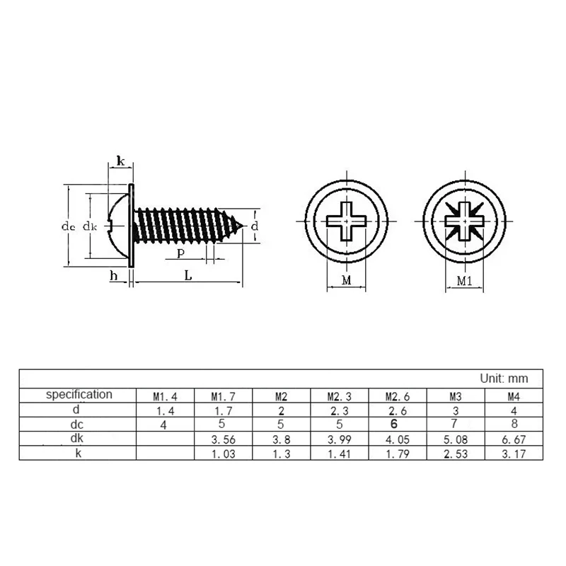 Luhuichang 100Pcs Pwa Cross Ronde Kop Met Wasmachine Zelftappende Schroef M1.7 M2 M2.3 M2.6 M3 M4 Carbon Staal phillips Schroef