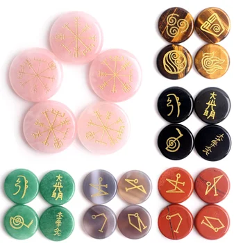 

High Quality Different Kinds Natural Round Shaped Tumbled Stones Engraved Runes Symbols Reiki Crystal Healing Stone Gift