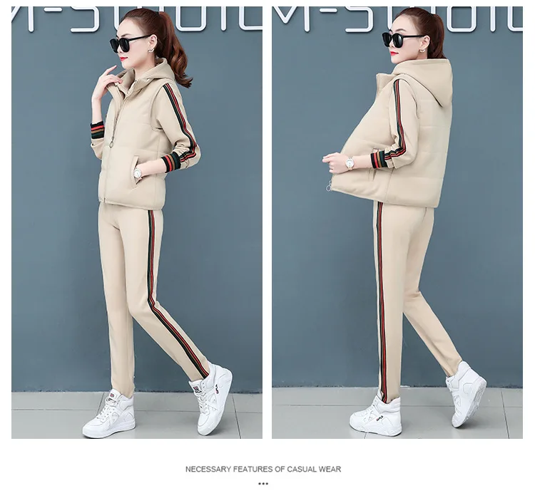 Winter Thick Fleece Women Sport Suit Tracksuits Warm Stripe Print Jacket+Hoodie+pant Casual Jogger Running Outfit Set Sportswear