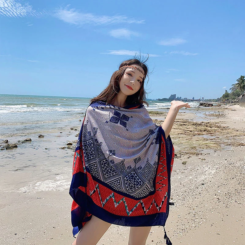 

Summer air conditioning ethnic style cotton hemp scarf fringes sunscreen shawl traveling by the sea with printed beach towel