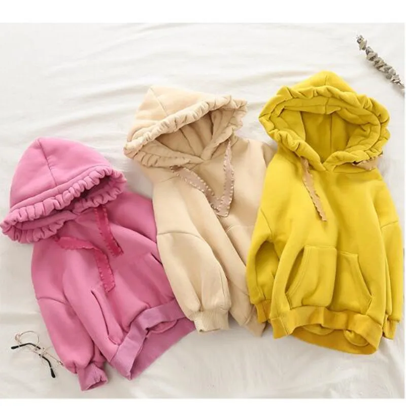 

2019 Baby Girls Clothes Autumn Winter Children Kids Warm Fleece Outerwear Coat Girls Solid Hooded Sweatshirt Top Shirt 3 Colors
