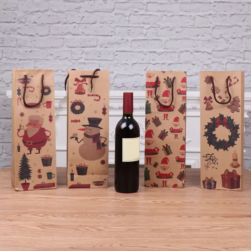 12pcs/lot Christmas Gift Bag New Year Practical Beautiful Kraft Paper Wine Bags Santa Claus Cute Paper Wine Holder